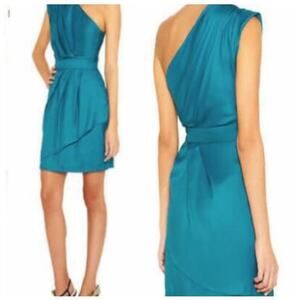 NWT BCBG WOMENS 0 DEEP AQUA BLUE GREEN DRAPED ONE SHOULDER DRESS NEW YEARS GLAM